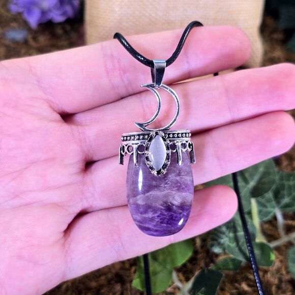 Crescent Moon Amethyst and Moonstone Necklace #34 - Picture 2 of 2